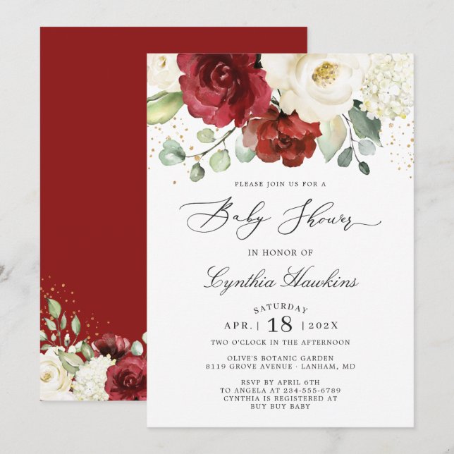 Crimson Red White Rustic Chic Floral Baby Shower Invitation (Front/Back)