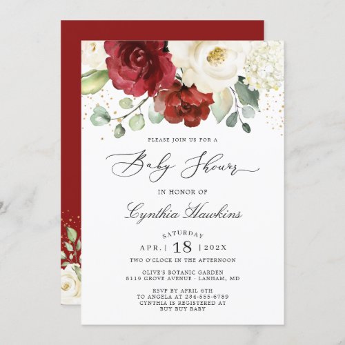 Crimson Red White Rustic Chic Floral Baby Shower Invitation