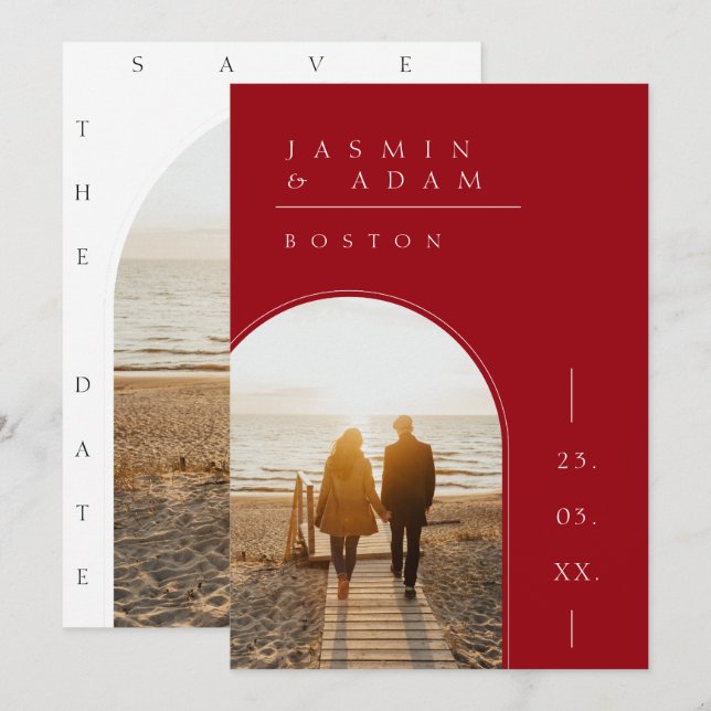 Crimson Red White Simple Photo Wedding Save The Date (Front/Back)