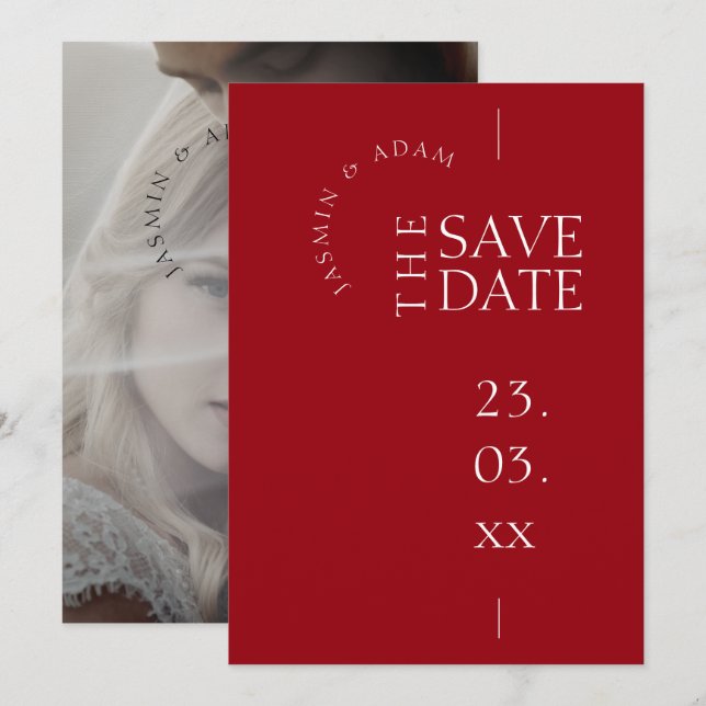 Crimson Red White Simple Photo Wedding Save The Date (Front/Back)