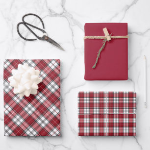 Crimson Red & White Tartan Plaid Wrapping Paper Sheets
