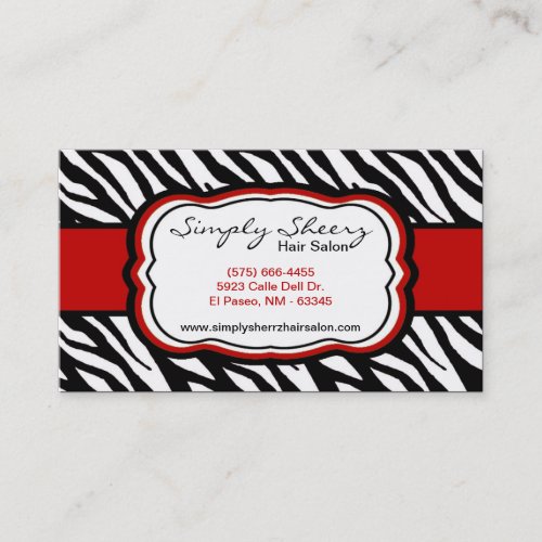 Crimson Red Zebra Print Hair Salon Business Card