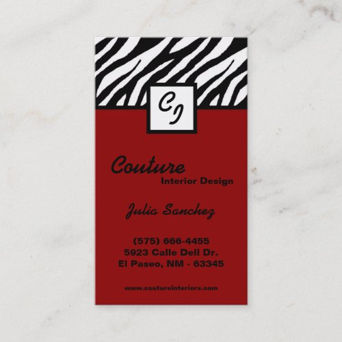 Crimson Red Zebra Print Personalize Business Card