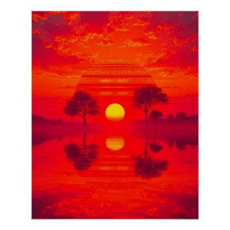 Crimson Reflection - Sunset over Lake Poster