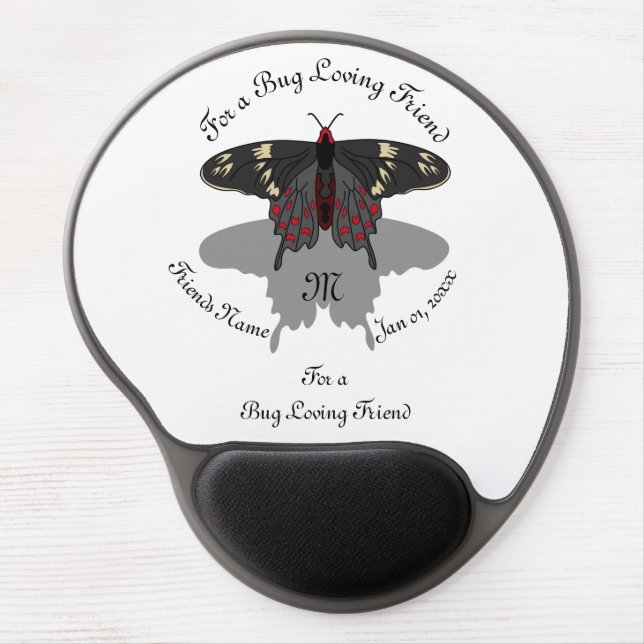 Crimson Rose Butterfly Shadow Monogram Gel Mouse Pad (Front)