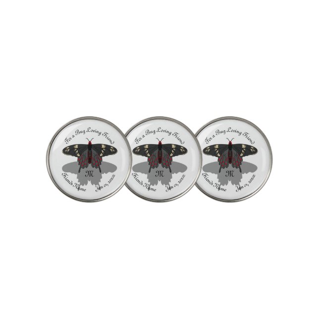 Crimson Rose Butterfly Shadow Monogram Golf Ball Marker (3 Up)