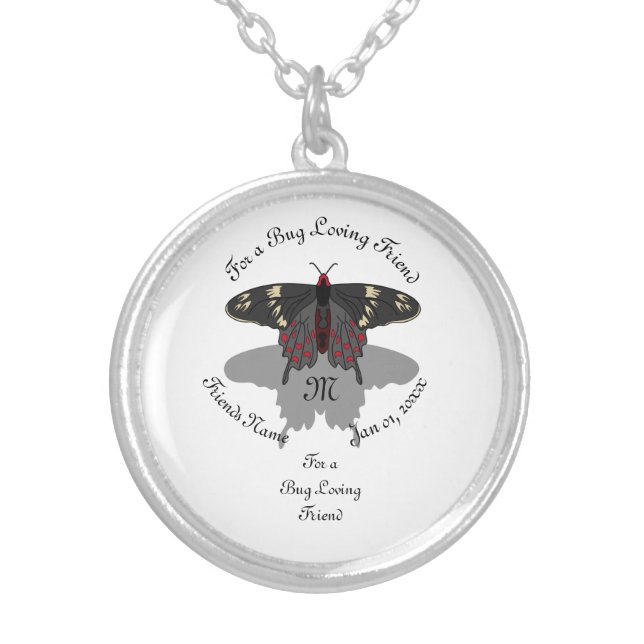 Crimson Rose Butterfly Shadow Monogram Silver Plated Necklace (Front)