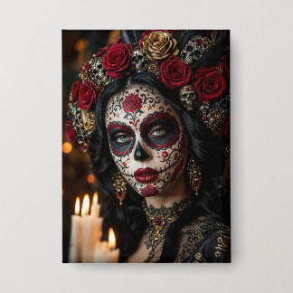 Crimson Rose Calavera – Elegant Day of the Dead Button