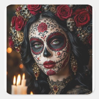 Crimson Rose Calavera – Elegant Day of the Dead Square Sticker