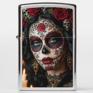 Crimson Rose Calavera – Elegant Day of the Dead Zippo Lighter