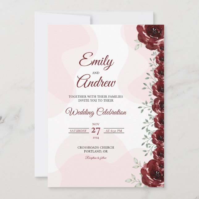 Crimson Rose Elegant Floral Watercolor Wedding Invitation (Front)