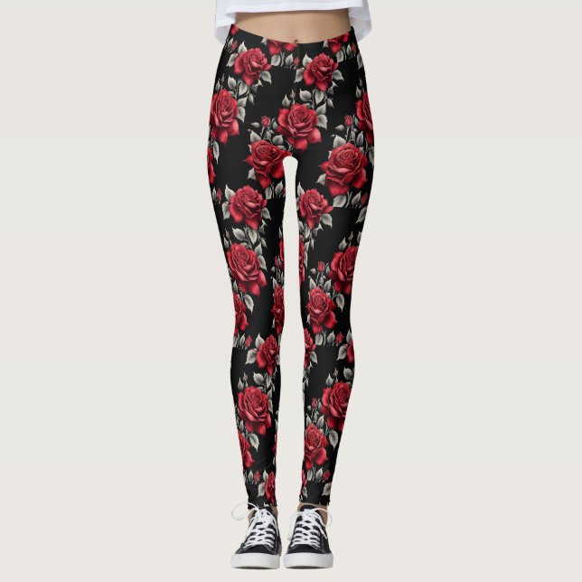 Crimson Roses Silver Leaves Gothic Leggings (Front)