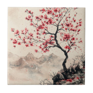 Crimson Sakura Mountain Serenity (1) Ceramic Tile