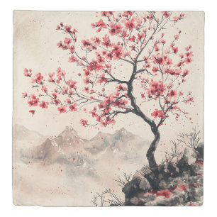 Crimson Sakura Mountain Serenity (1) Duvet Cover