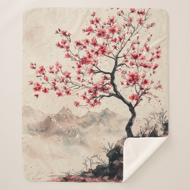 Crimson Sakura Mountain Serenity (1) Sherpa Blanket (Front)