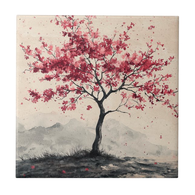 Crimson Sakura Mountain Serenity (2) Ceramic Tile (Front)