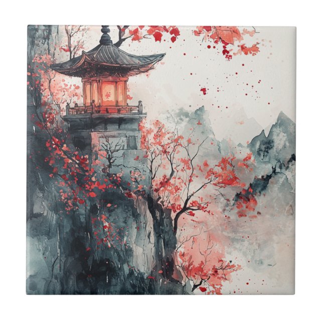 Crimson Sakura Pagoda Watercolor Ceramic Tile (Front)