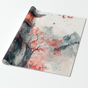 Crimson Sakura Pagoda Watercolor Wrapping Paper