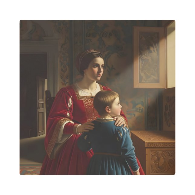 Crimson & Sapphire Whispers: Victorian Mother and  Metal Print (Front)