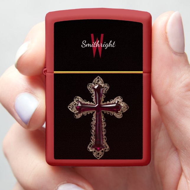 Crimson Serenity: A Red-Stone Cross Zippo Lighter (In Hand)