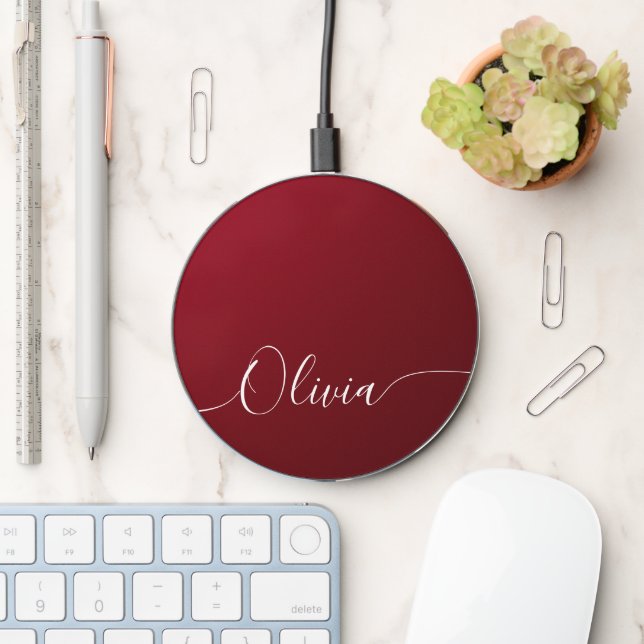 Crimson Shimmer Elegant Calligraphy Script Name Wireless Charger (Desk)