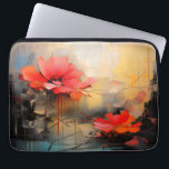 Crimson Silence – Abstract Poppies in Urban Light Laptop Sleeve<br><div class="desc">This evocative abstract artwork captures two vivid red poppies emerging from a textured, atmospheric background of soft gold, muted gray, and cool blue tones. The flowers feel almost suspended in time—delicate yet resilient—standing out boldly against an environment that hints at urban structures, fragmented spaces, and quiet tension. Thin linear accents...</div>