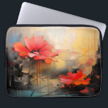 Crimson Silence – Abstract Poppies in Urban Light Laptop Sleeve<br><div class="desc">This evocative abstract artwork captures two vivid red poppies emerging from a textured, atmospheric background of soft gold, muted gray, and cool blue tones. The flowers feel almost suspended in time—delicate yet resilient—standing out boldly against an environment that hints at urban structures, fragmented spaces, and quiet tension. Thin linear accents...</div>
