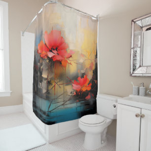 Crimson Silence – Abstract Poppies in Urban Light Shower Curtain