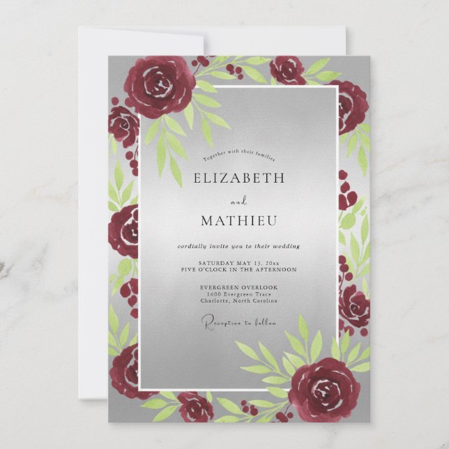 Crimson Silver Rose Wedding Invitation (Front)