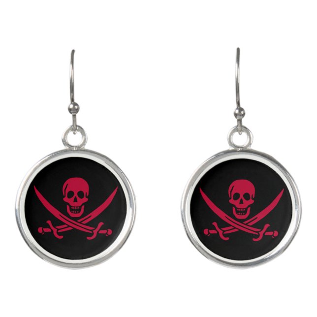 Crimson Skull & Swords Pirate flag of Calico Jack Earrings (Front)
