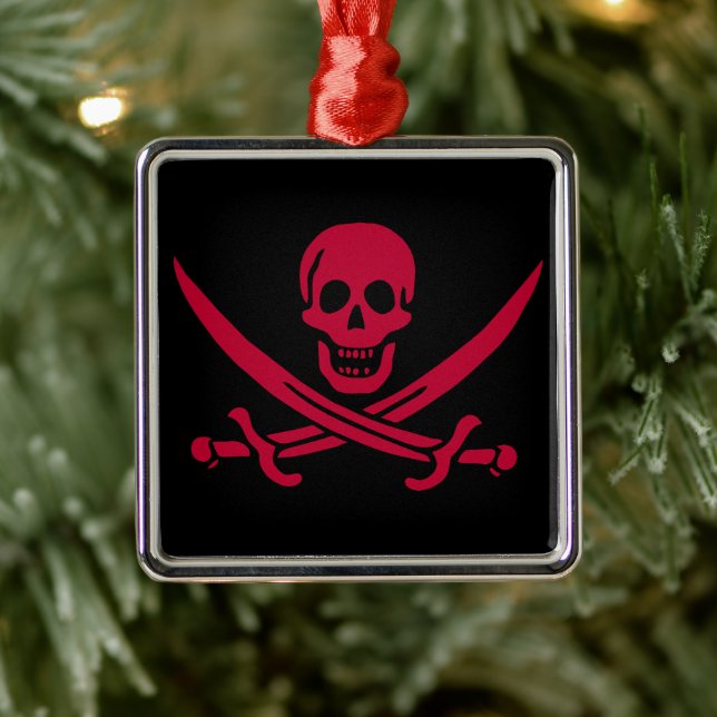 Crimson Skull & Swords Pirate flag of Calico Jack Metal Ornament (Tree)