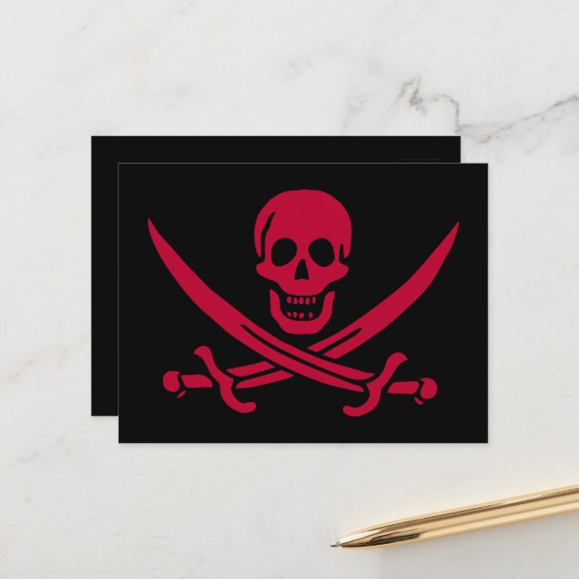Crimson Skull & Swords Pirate flag of Calico Jack Postcard (Front/Back In Situ)