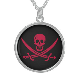 Crimson Skull & Swords Pirate flag of Calico Jack Sterling Silver Necklace