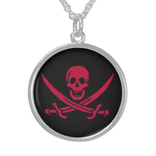 Crimson Skull  Swords Pirate flag of Calico Jack Sterling Silver Necklace