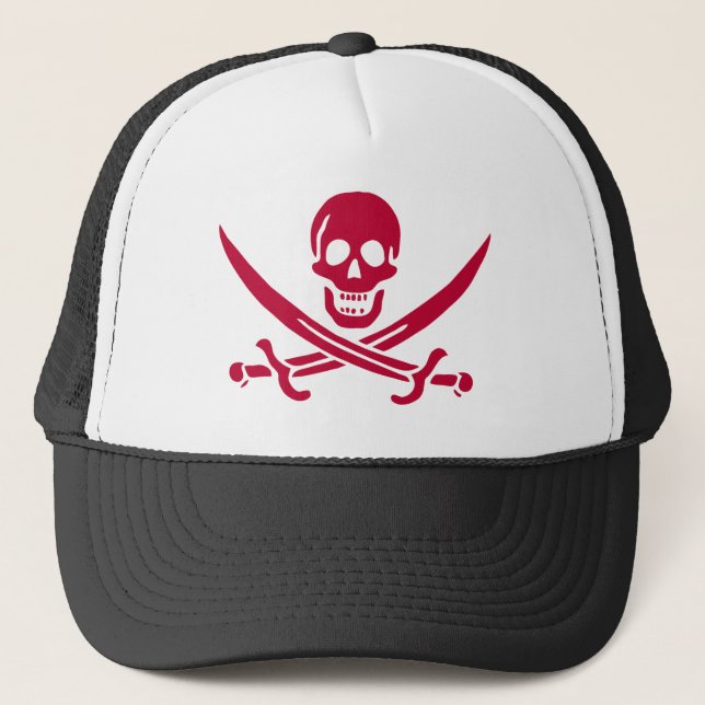 Crimson Skull & Swords Pirate flag of Calico Jack Trucker Hat (Front)