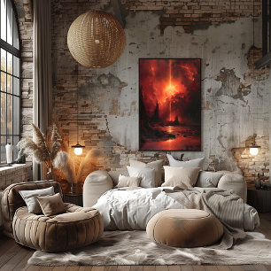 Crimson Sky Over Alien Shore Surreal Landscape Art Poster