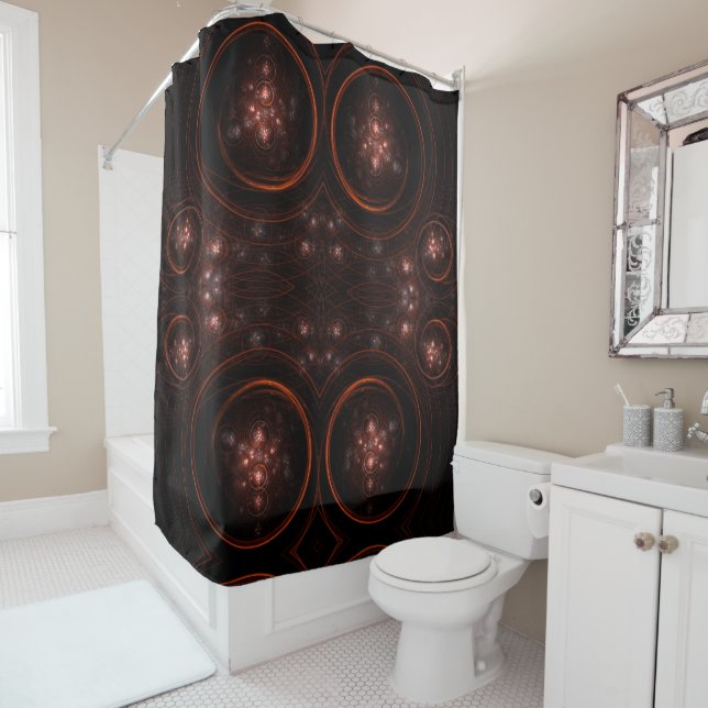 Crimson Starlight Orbits Abstract Cosmic Art Shower Curtain (In Situ)