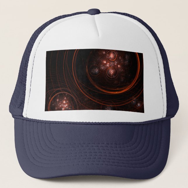 Crimson Starlight Orbits Abstract Cosmic Art Trucker Hat (Front)