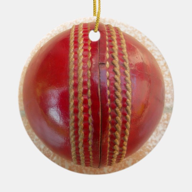 Crimson Stitch Focus: Close-Up of Cricket's Heart Ceramic Ornament (Front)