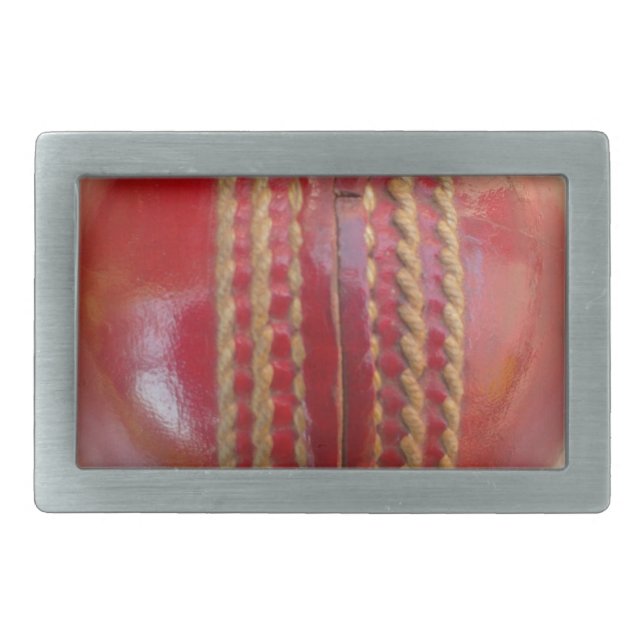 Crimson Stitch Focus: Close-Up of Cricket's Heart Rectangular Belt Buckle (Front)
