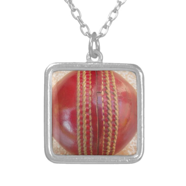Crimson Stitch Focus: Close-Up of Cricket's Heart Silver Plated Necklace (Front)