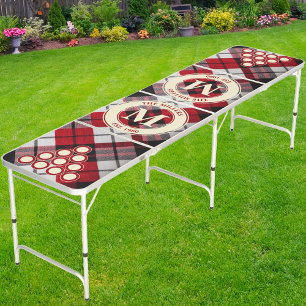 Crimson Storm Plaid Family Monogram & Name Beer Pong Table