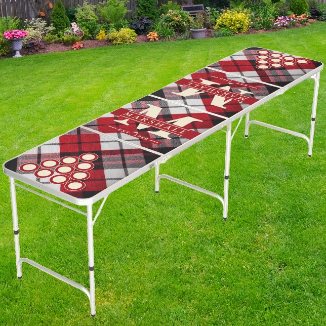 Crimson Storm Plaid Monogram & Name Overlay Beer Pong Table (Creator Uploaded)