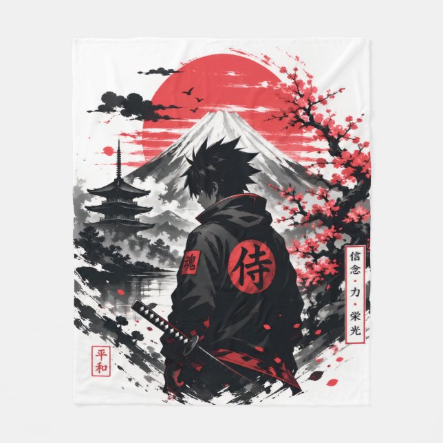 Crimson Sun Anime Silhouette Fleece Blanket (Front)