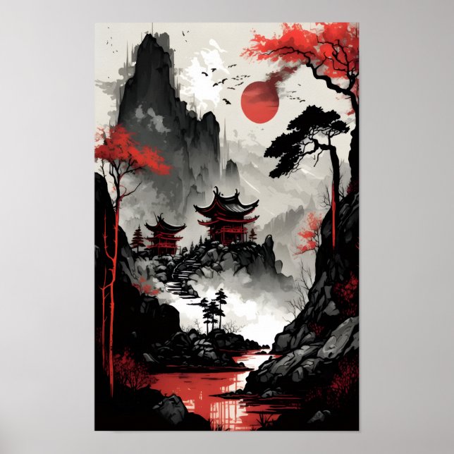Crimson Sun Over Forbidden Peaks Poster (Front)