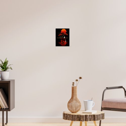 Crimson Sunset Bonsai – Japanese Zen Landscape Poster