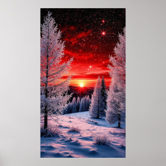 🔥 Crimson Sunset Over Snowy Forest Magic ✨ Poster