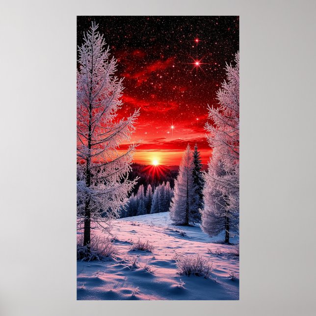 🔥 Crimson Sunset Over Snowy Forest Magic ✨ Poster (Front)
