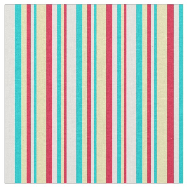 Crimson, Tan, Dark Turquoise & Light Cyan Lines Fabric (Close Up)