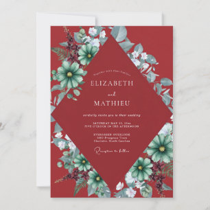 Crimson Teal Foliage Eucalyptus Wedding Invitation